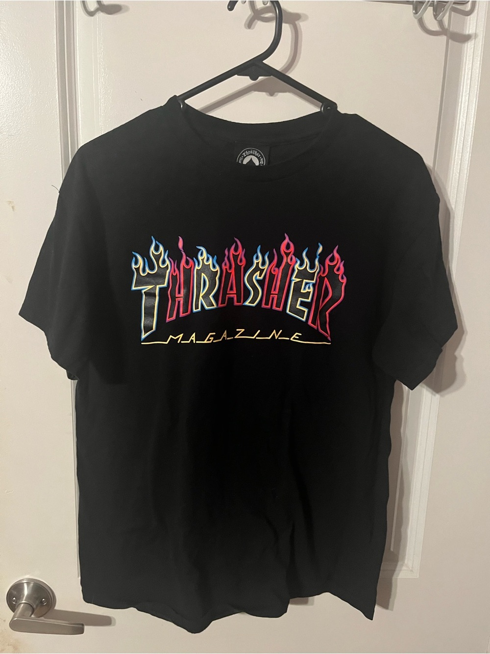 Thrasher Black Tee with Multicolor Flame Logo